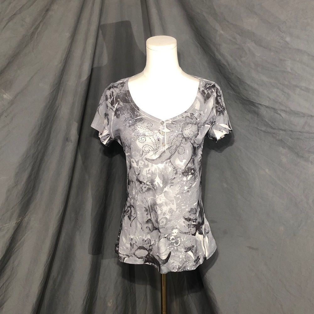 Apt. 9 Gray Floral Short Sleeve Top Size Large